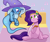 Size: 1334x1131 | Tagged: safe, artist:ahobobo, pipp petals, trixie, ghost, ghost pony, pony, robot, robot pony, undead, fanfic:tri.exe, g4, g5, my little pony: a new generation, my little pony: friendship is magic, bed, bedroom, cellphone, clothes, cross-generational shipping, female, hat, lesbian, looking at each other, looking at someone, music notes, nervous, phone, ship:pippxie, shipping, smug, trixie's hat