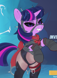 Size: 1396x1900 | Tagged: safe, twilight sparkle, g4, clothes, cosplay, costume, fantastic four, invisible woman, lipstick, marvel, marvel rivals, sharp teeth, spandex, teeth