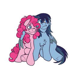 Size: 3000x3000 | Tagged: safe, artist:ponykeda, pinkie pie, oc, oc:solar showers, earth pony, pegasus, pony, g4, canon x oc, duo, duo female, female, hug, lesbian, masculine mare, shipping, simple background, snuggling, transparent background, winghug, wings