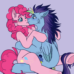 Size: 4000x4000 | Tagged: safe, artist:ponykeda, pinkie pie, oc, oc:solar showers, earth pony, pegasus, pony, g4, blushing, canon x oc, couple, cuddling, female, kiss on the lips, kissing, lesbian, looking at each other, looking at someone, masculine mare, shipping, simple background