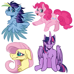 Size: 3000x3000 | Tagged: safe, artist:ponykeda, fluttershy, pinkie pie, twilight sparkle, oc, oc:solar showers, alicorn, earth pony, pegasus, pony, g4, cute, diapinkes, doodle page, female, fluffy, mare, ponk, shy, simple background, spread wings, transparent background, twilight sparkle (alicorn), wings