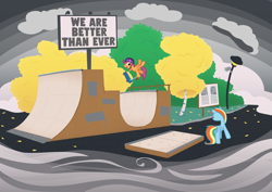 Size: 4843x3437 | Tagged: safe, artist:mafon, rainbow dash, scootaloo, pegasus, pony, g4, absurd resolution, duo, duo female, female, filly, foal, mare, scooter, sign, skate park, text