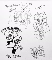 Size: 1803x2048 | Tagged: safe, artist:pony quarantine, twilight sparkle, oc, oc:dyx, oc:nyx, oc:snowdrop, alicorn, pegasus, pony, unicorn, g4, adopted offspring, book, cigarette, eye clipping through hair, eyebrows, eyebrows visible through hair, female, filly, foal, glasses, grayscale, hoof hold, horn, mama twilight, mare, monochrome, mother and child, mother and daughter, nyxruary, older, older dyx, older nyx, older snowdrop, open mouth, open smile, pen drawing, phone, pose, question mark, round glasses, smiling, smoking, traditional art, unicorn twilight