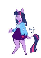 Size: 1391x2000 | Tagged: safe, artist:akaunkel, twilight sparkle, unicorn, anthro, unguligrade anthro, g4, clothes, female, jacket, leonine tail, signature, simple background, skirt, solo, tail, unicorn twilight, white background