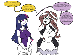 Size: 1800x1350 | Tagged: safe, artist:chillguydraws, artist:thicc-verse, sunset shimmer, twilight sparkle, human, g4, big breasts, breasts, busty sunset shimmer, busty twilight sparkle, cleavage, dialogue, duo, duo female, female, humanized, partial color, simple background, speech bubble, white background