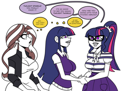 Size: 1800x1350 | Tagged: safe, artist:chillguydraws, artist:thicc-verse, sci-twi, sunset shimmer, twilight sparkle, human, g4, big breasts, breasts, busty sci-twi, busty sunset shimmer, busty twilight sparkle, cleavage, confused, dialogue, female, holding hands, humanized, partial color, simple background, speech bubble, thought bubble, trio, trio female, twolight, white background