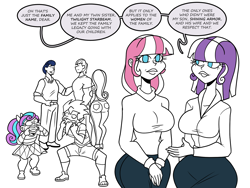 Size: 1800x1350 | Tagged: safe, artist:chillguydraws, artist:thicc-verse, night light, princess cadance, princess flurry heart, shining armor, spike, twilight velvet, oc, oc:twilight starbeam, human, g4, ass, big breasts, breasts, busty princess cadance, busty twilight velvet, butt, dialogue, father and child, father and son, female, heart butt, human spike, humanized, looking at you, making faces, male, older, older flurry heart, open mouth, partial color, siblings, sideboob, simple background, sisters, speech bubble, tongue out, white background