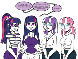 Size: 1800x1350 | Tagged: safe, artist:chillguydraws, artist:thicc-verse, sci-twi, twilight sparkle, twilight velvet, oc, oc:twilight starbeam, human, g4, big breasts, breasts, busty sci-twi, busty twilight sparkle, busty twilight velvet, cleavage, dialogue, female, humanized, implied sunset shimmer, looking at you, partial color, siblings, simple background, sisters, speech bubble, talking to viewer, twolight, white background