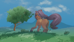 Size: 3840x2160 | Tagged: safe, artist:friendshipisfree, fluttershy, pegasus, pony, g4, 4k, butt, cloud, female, flutterbutt, grass, high res, mare, mountain, outdoors, plot, sky, solo, tail, tree, wind, windswept mane, windswept tail