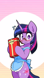 Size: 1440x2560 | Tagged: safe, artist:zeon_kanayu, twilight sparkle, pony, unicorn, semi-anthro, g4, abstract background, apron, blushing, box of chocolates, chocolate, clothes, cute, emanata, embarrassed, female, food, gradient background, hind legs, holding, horn, legs together, looking at you, mare, solo, sweat, unicorn twilight, wavy mouth, wingless