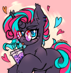 Size: 1489x1530 | Tagged: safe, artist:milkaaa, artist:milkchkk, oc, oc only, oc:synthie glitch, bat pony, bat pony unicorn, hybrid, unicorn, abstract background, bat pony unicorn oc, blue eyes, bubble tea, drink, ear piercing, ear tufts, earring, female, floating heart, glasses, heart, horn, jewelry, mare, mlem, multicolored mane, multicolored tail, piercing, silly, solo, straw, tail, tongue out