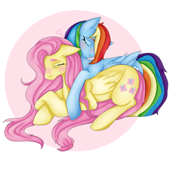 Size: 6000x6000 | Tagged: safe, artist:affeliii, fluttershy, rainbow dash, pegasus, pony, g4, absurd resolution, blushing, eyes closed, female, floppy ears, heart, hug, hug from behind, lesbian, lying down, ship:flutterdash, shipping