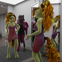 Size: 2160x2160 | Tagged: safe, artist:stellarator, adagio dazzle, oc, oc:ruby cabernet, anthro, unguligrade anthro, comic:we will be adored, g4, 3d, blender, blender cycles, changing room, clothes, comic, dress, drink, mirror, not sfm