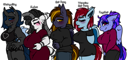 Size: 4372x2060 | Tagged: safe, artist:sexygoatgod, oc, oc only, bat pony, changeling, hybrid, pegabat, vampire bat pony, zebra, anthro, adoptable, female, group