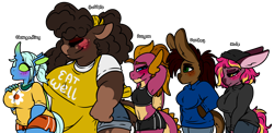 Size: 5610x2739 | Tagged: safe, artist:sexygoatgod, oc, oc only, buffalo, changedling, changeling, donkey, dragon, hybrid, mule, anthro, adoptable, female, group