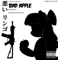 Size: 1194x1242 | Tagged: safe, artist:coco-drillo, artist:edy_january, editor:edy_january, apple bloom, earth pony, pony, g4, album, album cover, alstroemeria records, apple, assault rifle, bad apple (animation), bad apple (song), black and white, food, grayscale, gun, japan, kac pdw, monochrome, nomico, rifle, solo, touhou, weapon, youtube, youtube link