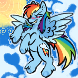 Size: 2048x2048 | Tagged: safe, artist:mrmega57, derpibooru exclusive, rainbow dash, pegasus, g4, chest feathers, cloud, feathered fetlocks, feathered wings, rearing, shiny hooves, simple background, solo, spread wings, sun, wings