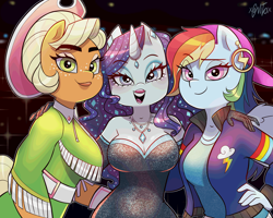 Size: 1778x1422 | Tagged: safe, artist:xconito, applejack, rainbow dash, rarity, earth pony, pegasus, unicorn, anthro, g4, apple chord, arm around back, arm around neck, breasts, busty rarity, clothes, equestria girls outfit, female, horn, looking at you, trio, trio female