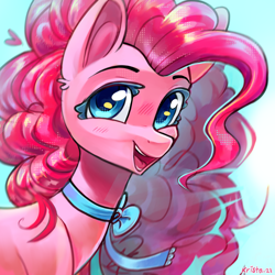 Size: 2100x2100 | Tagged: safe, artist:krista-21, pinkie pie, g4, abstract background, blushing, bow, bowtie, choker, curly mane, female, looking at you, mare, messy mane, smiling, smiling at you, solo