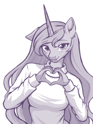 Size: 3000x4000 | Tagged: safe, artist:sierraex, princess luna, alicorn, anthro, g4, breasts, busty princess luna, clothes, female, high res, hoof heart, looking at you, mare, monochrome, one ear down, simple background, smiling, smiling at you, sweater, underhoof, white background