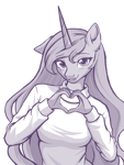 Size: 3000x4000 | Tagged: safe, artist:sierraex, princess luna, alicorn, anthro, g4, breasts, busty princess luna, clothes, cute, female, heart hands, high res, looking at you, lunabetes, mare, monochrome, one ear down, simple background, smiling, smiling at you, solo, sweater, white background