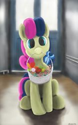 Size: 800x1280 | Tagged: safe, artist:maslivka, bon bon, sweetie drops, earth pony, pony, g4, adorabon, apple, bow, bucket, candy, candy cane, cute, door, female, flower, food, front view, indoors, looking at you, mare, mouth hold, sitting, smiling, smiling at you, solo