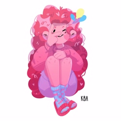 Size: 2560x2560 | Tagged: safe, artist:kva, pinkie pie, human, equestria girls, g4, clothes, female, looking at you, one eye closed, simple background, sitting, solo, sweater, white background, wink