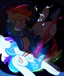 Size: 2550x3000 | Tagged: safe, artist:pakmur, rainbow dash, pegasus, pony, g4, clothes, dexterous hooves, equestria girls outfit, female, guitar, hoof hold, mare, musical instrument, sitting, solo