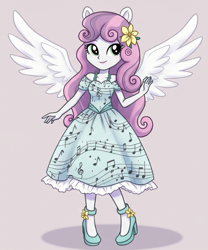 Size: 639x768 | Tagged: safe, ai content, artist:schwarzejack25, sweetie belle, human, fanfic:sweetie belle's big adventure, equestria girls, g4, clothes, dress, eared humanization, flower, humanized, music notes, ponied up, pony ears, solo, spread wings, winged humanization, wings