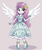 Size: 639x768 | Tagged: safe, ai content, artist:schwarzejack25, sweetie belle, human, fanfic:sweetie belle's big adventure, equestria girls, g4, clothes, dress, flower, music notes, ponied up, pony ears, solo, spread wings, wings