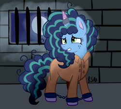 Size: 1822x1640 | Tagged: safe, artist:chewy-tartz, misty brightdawn, g5, clothes, commissioner:rainbowdash69, cuffed, horn, horn ring, indoors, jumpsuit, magic suppression, never doubt rainbowdash69's involvement, prison outfit, prisoner, prisoner misty, ring, sad, shackles