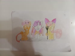 Size: 4096x3072 | Tagged: safe, artist:victoric1993, apple bloom, scootaloo, sweetie belle, demon, earth pony, pegasus, pony, unicorn, g4, my little pony: friendship is magic, stare master, cutie mark crusaders, demon wings, devil horns, devil tail, eyes closed, female, filly, foal, horn, horns, simple background, smiling, snout, spread wings, tail, traditional art, trident, trio, trio female, white background, wings