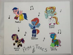 Size: 4032x3024 | Tagged: safe, artist:dylanwayneburk, firefly, thistle whistle, windy whistles, oc, oc:needle wick, oc:summer sunrise, g1, g3, g4, my little pony: friendship is magic, aunts, band, dancers, female, flying, g clef, music notes, outfits, pega-tones, siblings, singing, sisters, traditional art, what if