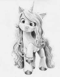 Size: 1000x1289 | Tagged: safe, artist:nedemai, izzy moonbow, pony, unicorn, g5, female, grayscale, horn, looking at you, mare, monochrome, pencil drawing, raised hoof, solo, traditional art