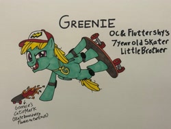 Size: 4032x3024 | Tagged: safe, artist:dylanwayneburk, oc, oc:greenie, pegasus, pony, g4, my little pony: friendship is magic, baseball cap, bucktooth, cap, child, colt, fire, foal, gold necklace, hat, knee pads, lighting, little brother, logo, male, parent:gentle breeze, parent:posey shy, pose, shoulder pads, sister:fluttershy, skateboard, skateboarding, traditional art, what if