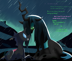 Size: 1200x1012 | Tagged: safe, artist:klondike, queen chrysalis, oc, oc:maxilla, changeling, g4, changeling oc, dialogue, rain, sad