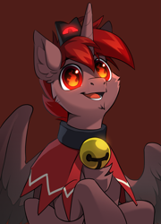 Size: 1911x2651 | Tagged: safe, artist:redchetgreen, oc, oc:hardy, alicorn, pony, bell, bell collar, chest freckles, cloak, clothes, collar, crown, cult of the lamb, ear fluff, fire, flaming eyes, freckles, jewelry, looking at you, male, open mouth, regalia, solo, stallion