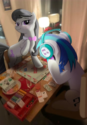 Size: 3500x5000 | Tagged: safe, artist:lalibellie, dj pon-3, octavia melody, vinyl scratch, earth pony, pony, unicorn, g4, board game, cup, drink, female, glasses, headphones, horn, indoors, irl, lamp, mare, monopoly, mug, photo, seat, signature, sitting, standing, table, two toned mane