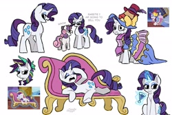 Size: 3000x2000 | Tagged: safe, artist:simpledoggo, rarity, sweetie belle, pony, unicorn, g4, alcohol, alternate hairstyle, clothes, couch, cute, dress, eyes closed, eyeshadow, fainting couch, female, filly, foal, glass, glowing, glowing horn, hat, horn, magic, makeup, mare, martini, open mouth, punk, raribetes, raripunk, scarf, screencap reference, simple background, top hat, white background