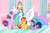 Size: 5400x3600 | Tagged: safe, artist:ponny, princess cadance, princess celestia, sunset shimmer, twilight sparkle, alicorn, pony, unicorn, g4, angry, castle, colored, ears back, eyes closed, female, folded wings, grumpy, horn, mare, one eye closed, sitting, smiling, spread wings, stained glass, wings, wink