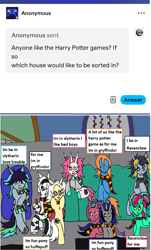 Size: 1189x1971 | Tagged: safe, artist:ask-luciavampire, oc, dracony, dragon, earth pony, hybrid, pegasus, pony, unicorn, zebra, ask, harry potter, harry potter (series), horn, tumblr, zebra oc