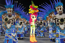 Size: 1822x1209 | Tagged: safe, apple bloom, human, equestria girls, g4, apple, banana, boots, bra, carnaval, clothes, dancing, feather, food, fruit hat, hat, leg band, night, orange, parade, pineapple, rio de janeiro, shoes, strawberry, underwear, watermelon, wristband