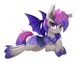 Size: 984x800 | Tagged: safe, artist:yangere, oc, oc:afternight, bat pony, looking at you, lying down, night guard, smiling, solo