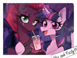 Size: 2483x1888 | Tagged: safe, artist:avrameow, fizzlepop berrytwist, tempest shadow, twilight sparkle, alicorn, pony, unicorn, g4, broken horn, drink, drinking straw, horn, indoors, looking at you, open mouth, passepartout, photo, scar, twilight sparkle (alicorn)