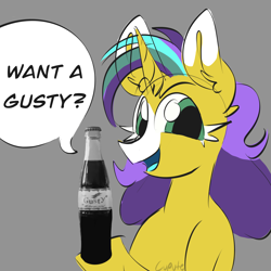 Size: 2048x2048 | Tagged: safe, artist:cupute, artist:vinson1995, gusty, oc, oc only, oc:star mane, unicorn, harmonycon, g1, g4, big ears, bottle, colored eartips, colored muzzle, ear fluff, ears up, female, gray background, gusty cola, holding, holding something, horn, looking at you, mare, multicolored hair, multicolored mane, open mouth, photo, png, raised hoof, simple background, smiling, solo, speech bubble, talking to viewer, text, vintage, white eyelashes