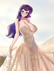 Size: 820x1080 | Tagged: safe, artist:thebrokencog, rarity, g4, beach, beautiful, beautisexy, big breasts, breasts, busty rarity, clothes, commission, dress, elegant, eyeshadow, female, female focus, looking at you, makeup, marriage, solo, solo female, solo focus, sun, wedding, wedding dress