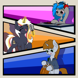 Size: 4000x4000 | Tagged: safe, artist:inpherno black, artist:uniroam, oc, oc:homage, oc:littlepip, oc:velvet remedy, fallout equestria, clothes, colored background, disc jockey, headphones, jumpsuit, littlepip's little party, lockpicking, microphone, panels, vault suit