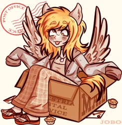 Size: 1962x2000 | Tagged: safe, artist:joboqs, derpy hooves, human, g4, :p, alternate hairstyle, box, clothes, cute, derpabetes, eared humanization, feet, food, hoodie, humanized, jewelry, letter, mail, muffin, necklace, pants, pony coloring, sandals, shirt, solo, tongue out, winged humanization, wings