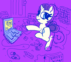 Size: 1616x1400 | Tagged: safe, artist:pylony, rarity, mouse, g4, alcohol, alternate hairstyle, body pillow, carpet, chinese, chips, chopsticks, computer, door, fan, floppy disk, food, hair bun, headphones, laptop computer, mattress, mug, neet, pixel-crisp art, smiling, solo, tired, wine