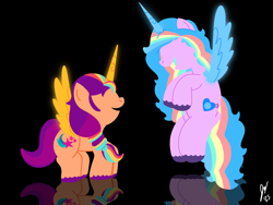 Size: 2160x1620 | Tagged: safe, artist:jesslmc16, izzy moonbow, sunny starscout, alicorn, pony, g5, black background, cutie mark, duo, duo female, female, flying, izzy rainbow, lesbian, looking at each other, looking at someone, mane stripe sunny, race swap, reflection, ship:moonscout, shipping, signature, simple background, smiling, smiling at each other